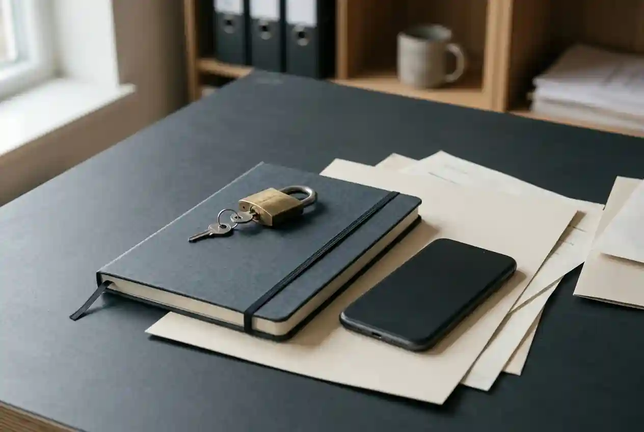 A closed notebook and plain smartphone beside a small metal lock on a desk
