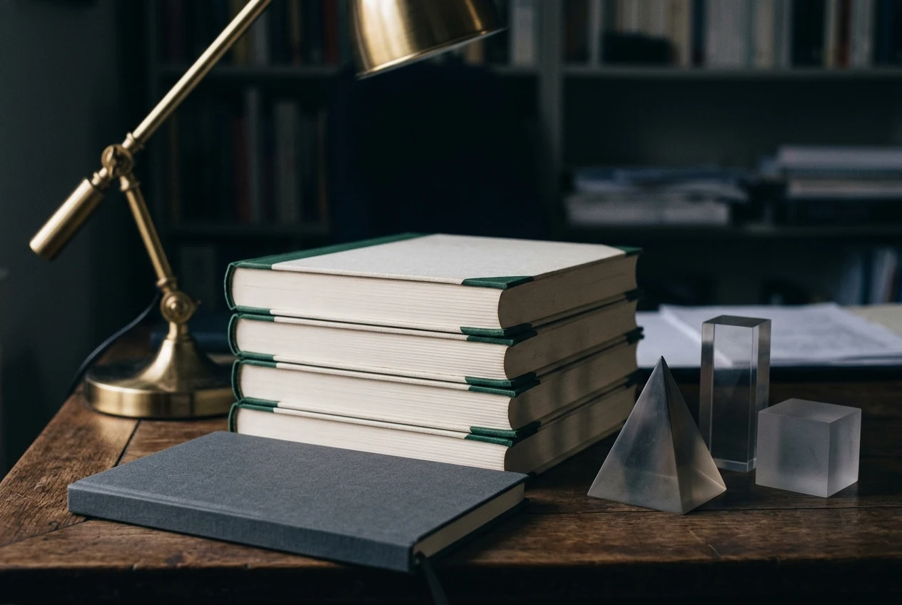 Blank paper ledger with abstract percentage shapes and a closed notebook under subdued light