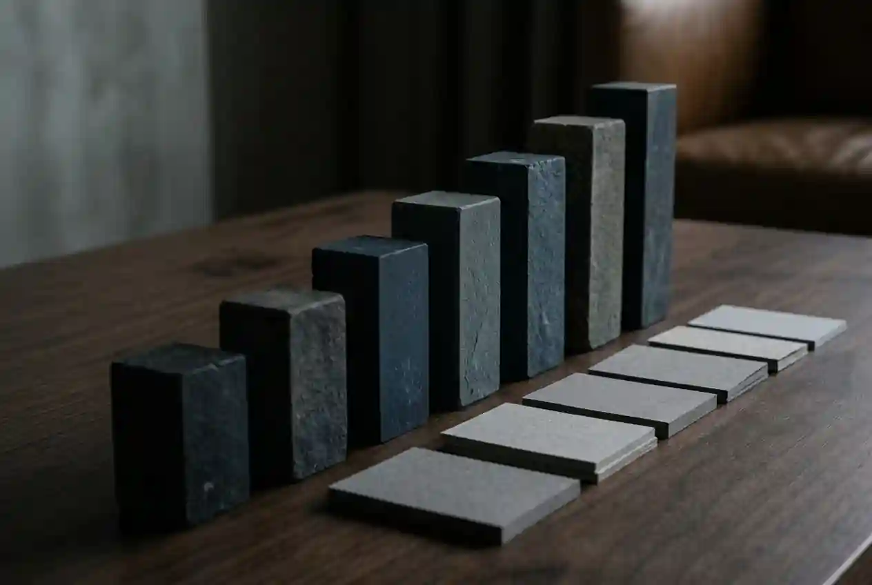 Plain ascending columns of matte stone blocks beside a grid of small neutral tiles