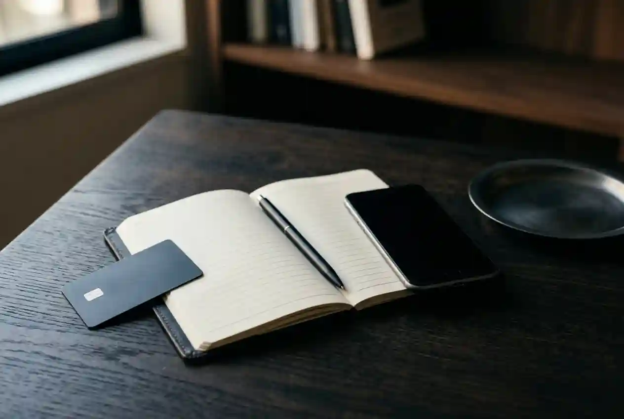 Unbranded payment card and blank banking ledger beside a plain phone on a desk