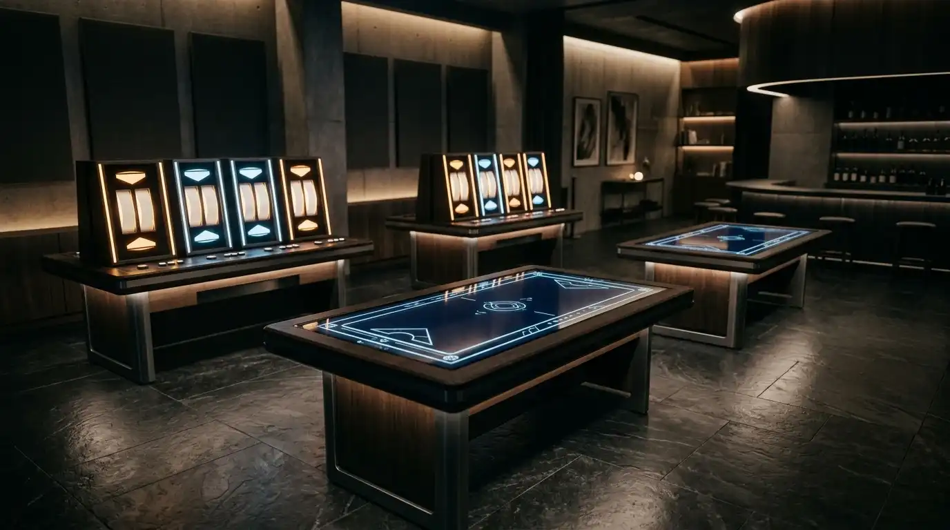 Abstract illuminated gaming tables and softly glowing geometric reels in a quiet interior