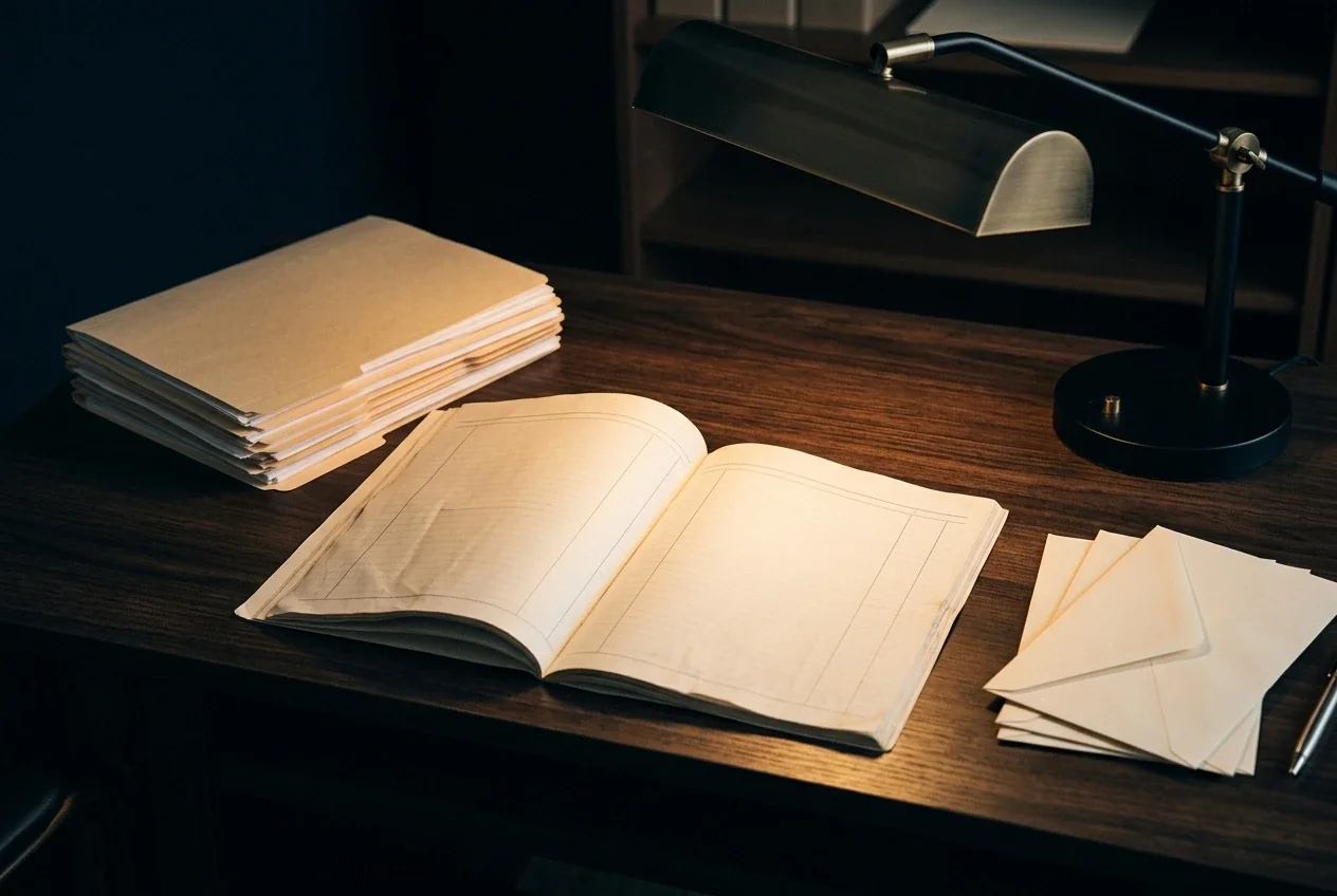 Open neutral paper ledger with unmarked file folders and a reading lamp