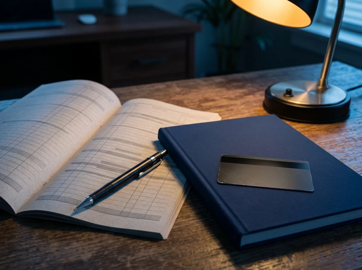 Bank card, paper transaction ledger and a subdued tabletop under evening light.