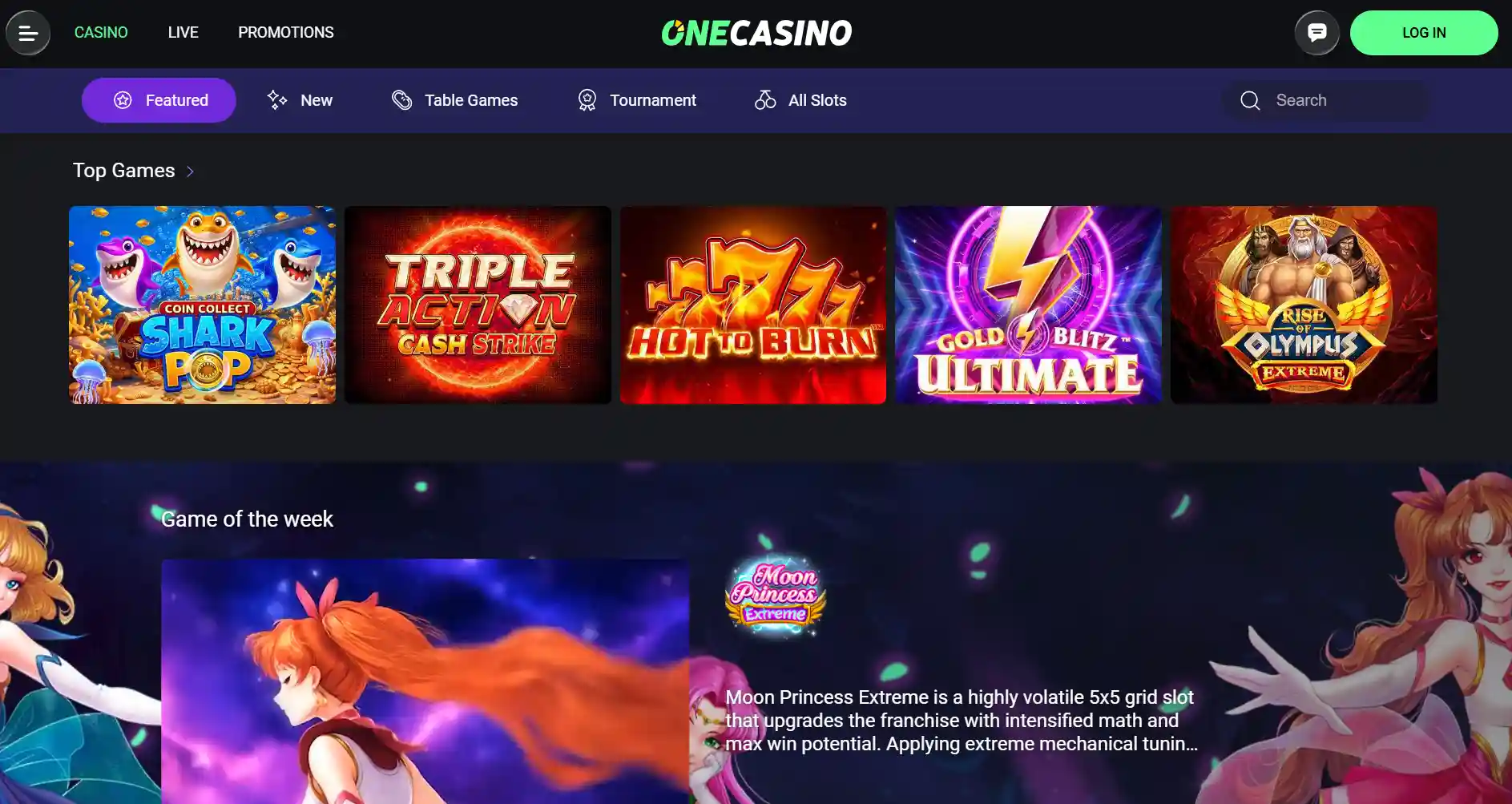 OneCasino games information page showing sections about slots and live casino