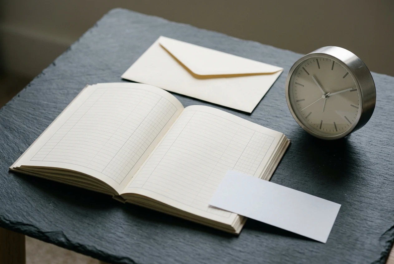 Plain transaction ledger beside a desk clock and closed unmarked envelope
